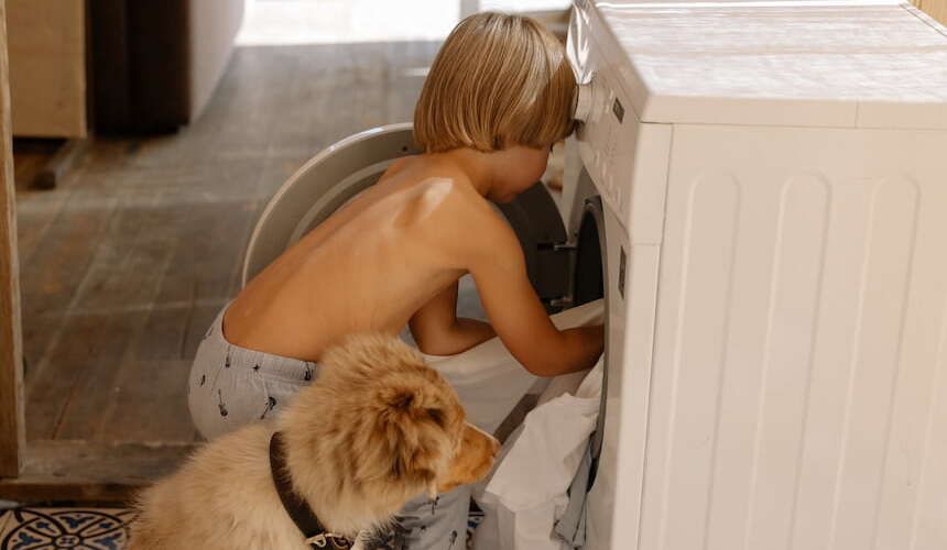 Kind und Hund befüllen die Waschmaschine