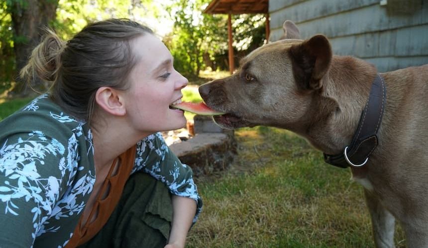 Hund und Besitzerin teilen sich ein Stück Melone