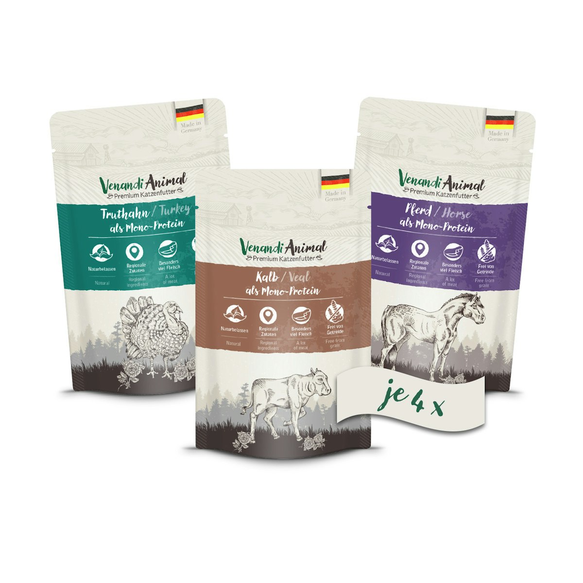 Venandi Animal 12x125g Mix-Paket Katzennassfutter Pferd/Kalb/Truthahn