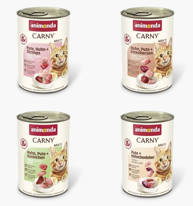 animonda Carny Adult 24 x 400g Mixpaket (Huhn&Shrimps,Huhn&Ente,Huhn&Kaninchen,Pute&Huhn) Katzennassfutter