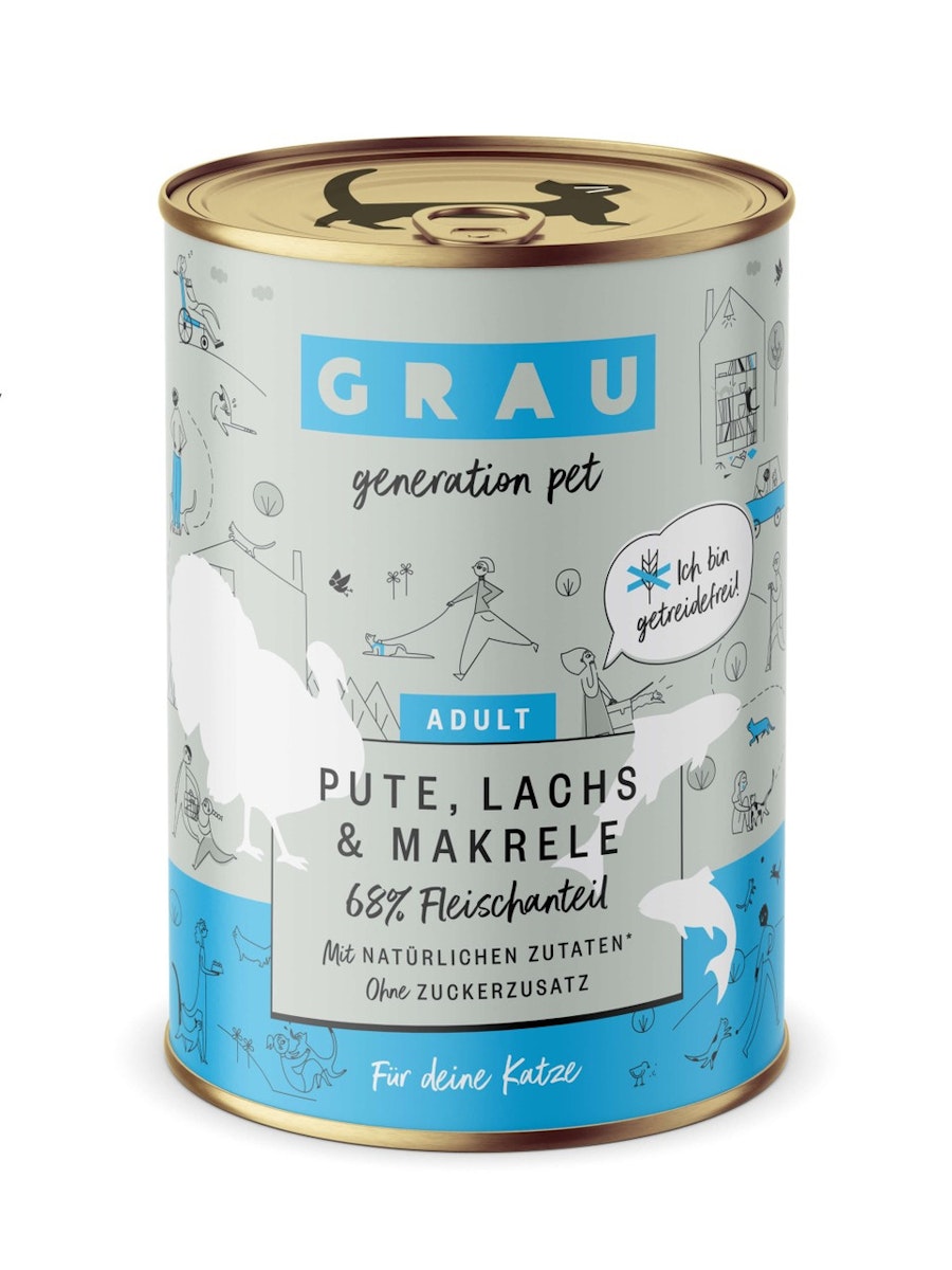 grau Katze 400 Gramm Katzennassfutter Sparpaket 12 x 400 Gramm Pute & Lachs & Makrele