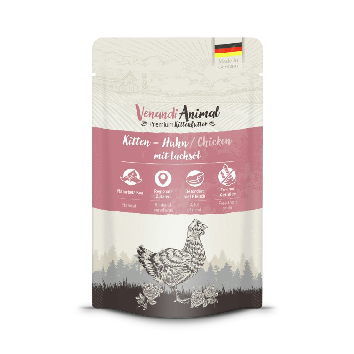 Venandi Animal 125 Gramm Katzennassfutter Sparpaket 24 x 125 Gramm Kitten Huhn mit Lachsöl
