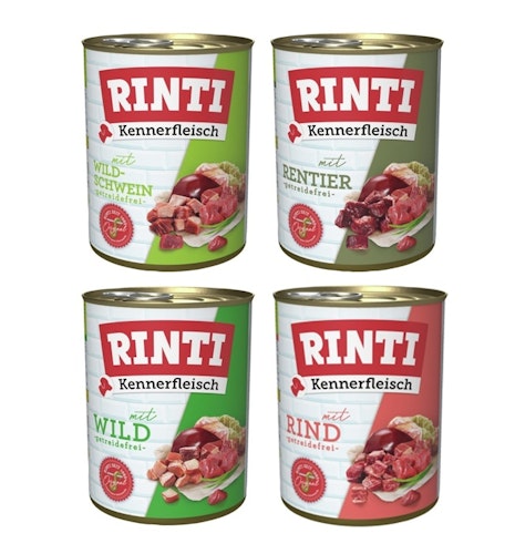 RINTI Kennerfleisch 24 x 400g Mixpaket (Wild,Rind,Rentier,Wildschwein)  Hundenassfutter