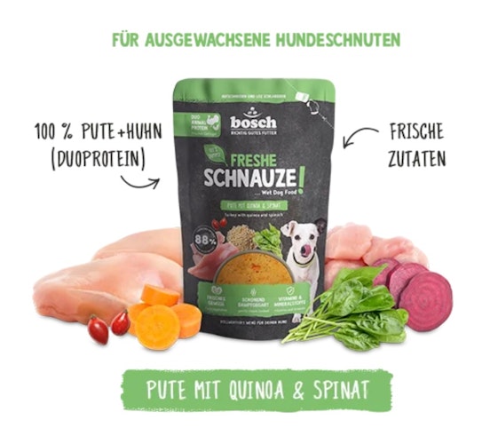 BOSCH Freshe Schnauze 250g Pute, Quinoa & Spinat Hundenassfutter