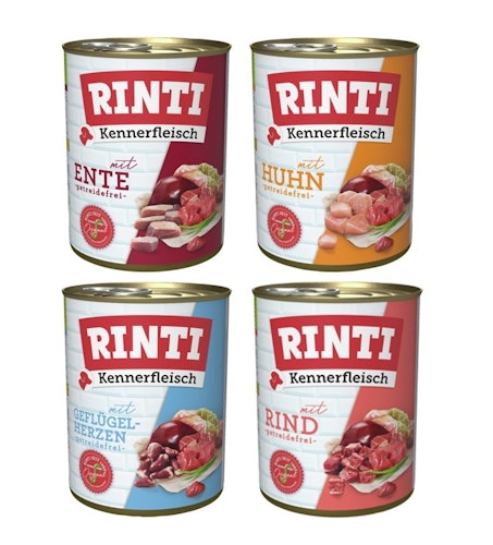RINTI Kennerfleisch 24 x 400g Mixpaket (Huhn,Ente,Rind,Geflügelherzen)  Hundenassfutter