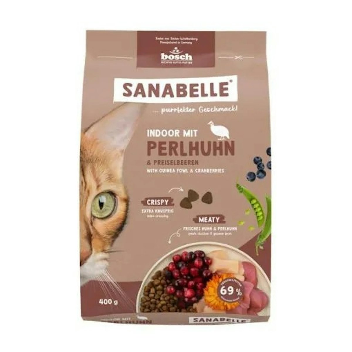 Sanabelle 6 x 400g Indoor mit Perlhuhn Katzentrockenfutter-Sparpaket