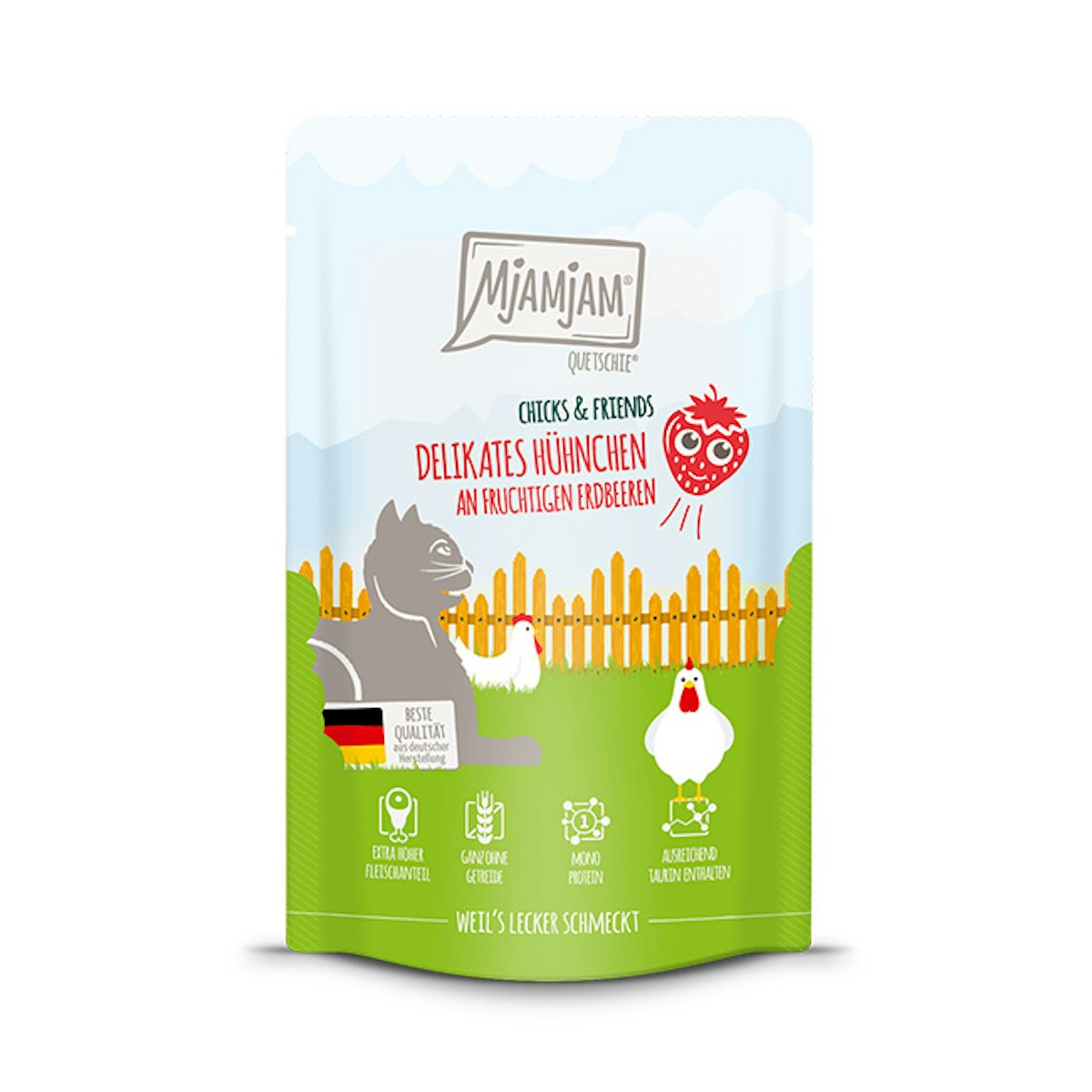 MJAMJAM Chicks & Friends 300g MjAMjAM Katze Sparpaket 12x300g Chicks und Friend Hühn mit Erdbeere