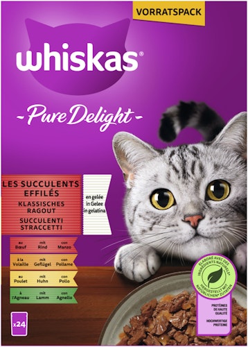 WHISKAS Pure Delight Klassiches Ragout in Gelee 24 x 85 Gramm Multipack Katzennassfutter