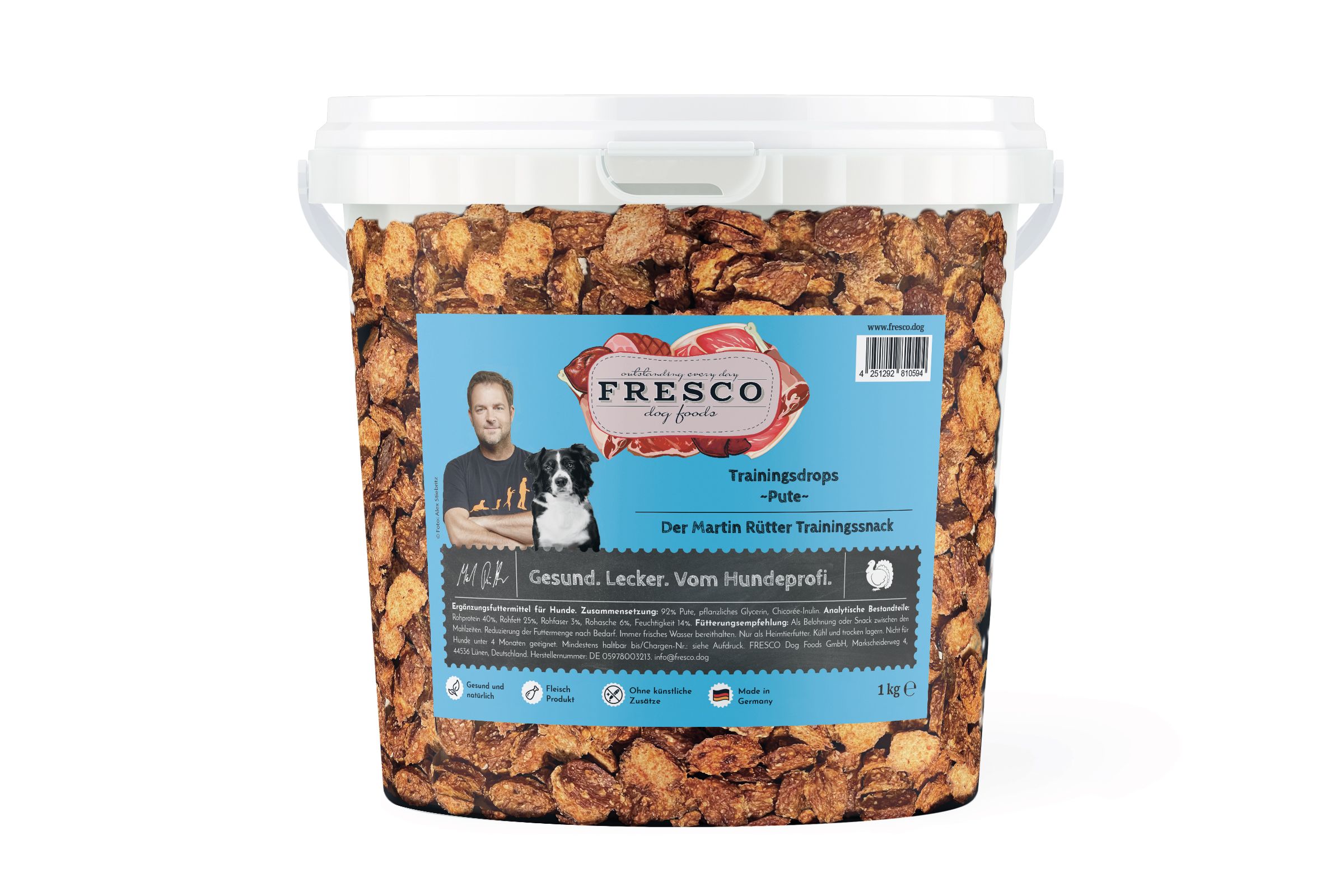 FRESCO Martin Rütter Trainingsdrops Pute mit Kürbis, Karotten und Süßkartoffeln (1kg-Eimer) 1000g