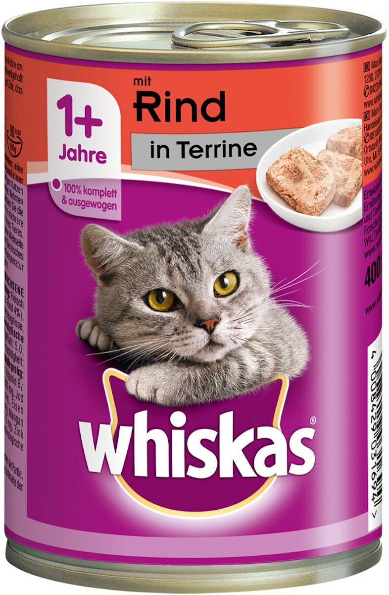 Whiskas 1+ Terrine 400 Gramm Katzennassfutter 12 x 400 Gramm Rind