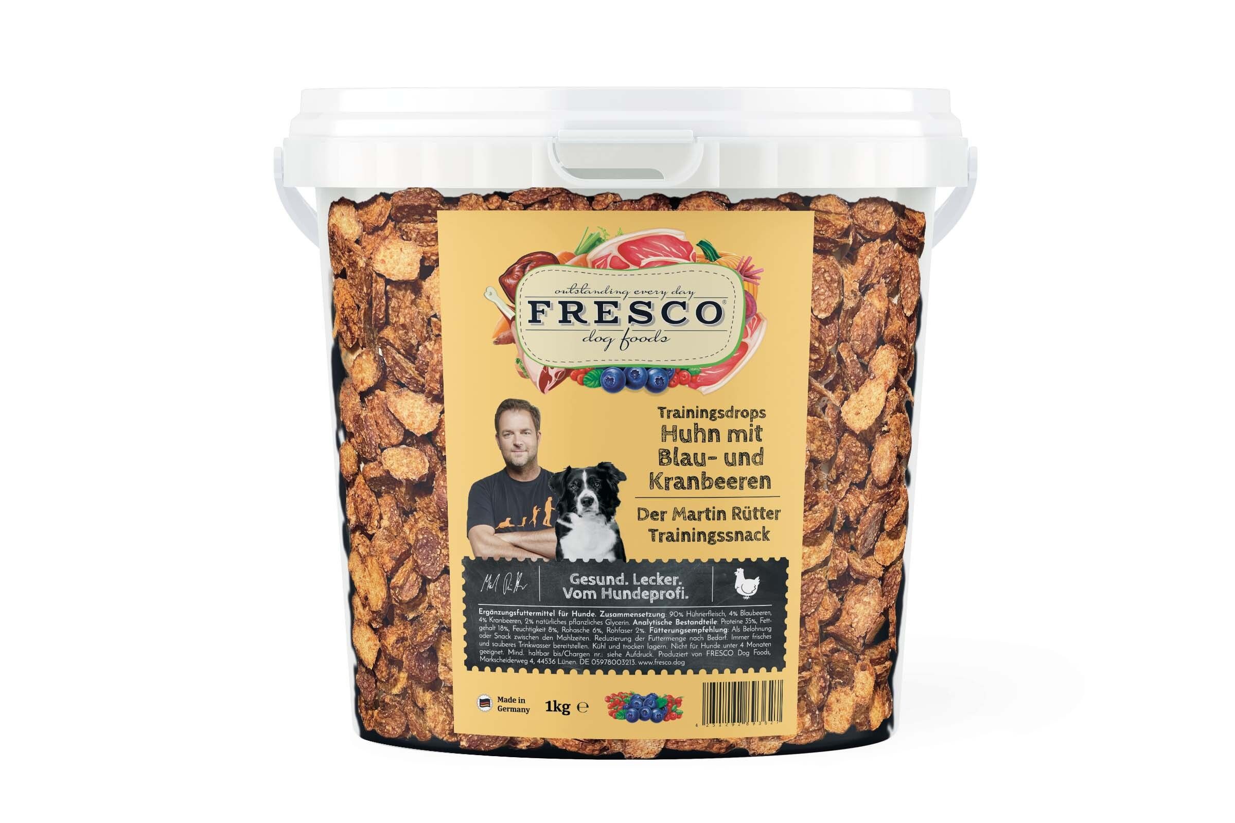 FRESCO Martin Rütter Trainingsdrops Huhn mit Blaubeeren und Kranbeeren (1kg-Eimer) 1000g
