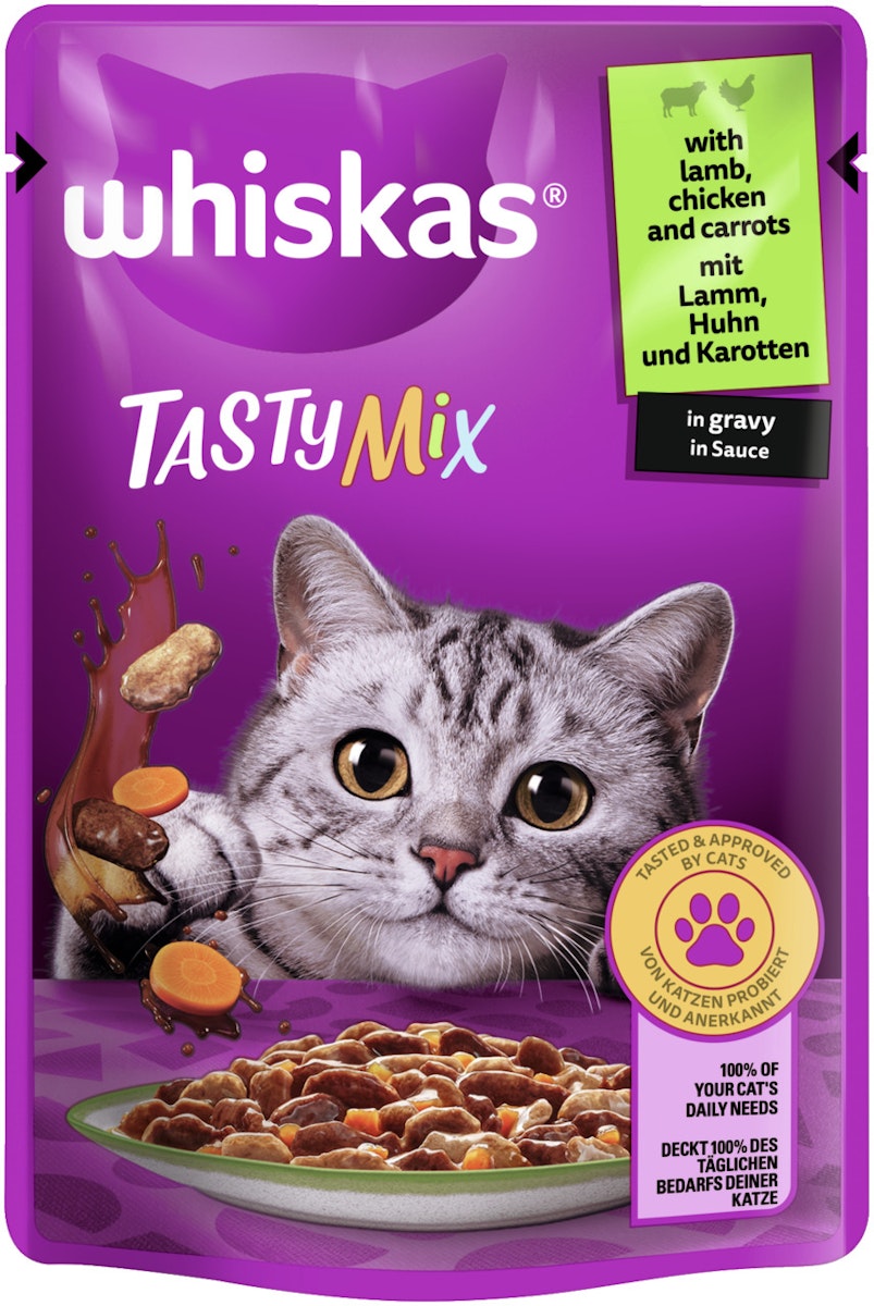 Whiskas  TastyMix in Sauce 85 Gramm Katzennassfutter 28 x 85 Gramm Lamm mit Huhn & Karotte