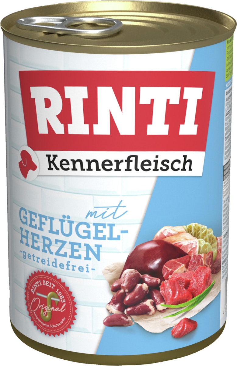 RINTI Kennerfleisch 400g Dose Hundenassfutter 12 x 400 Gramm Geflügelherzen