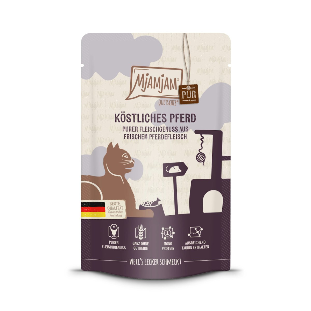 MJAMJAM Quetschies PUR 125g Beutel Katzennassfutter 12 x 125 Gramm köstliches Pferd pur