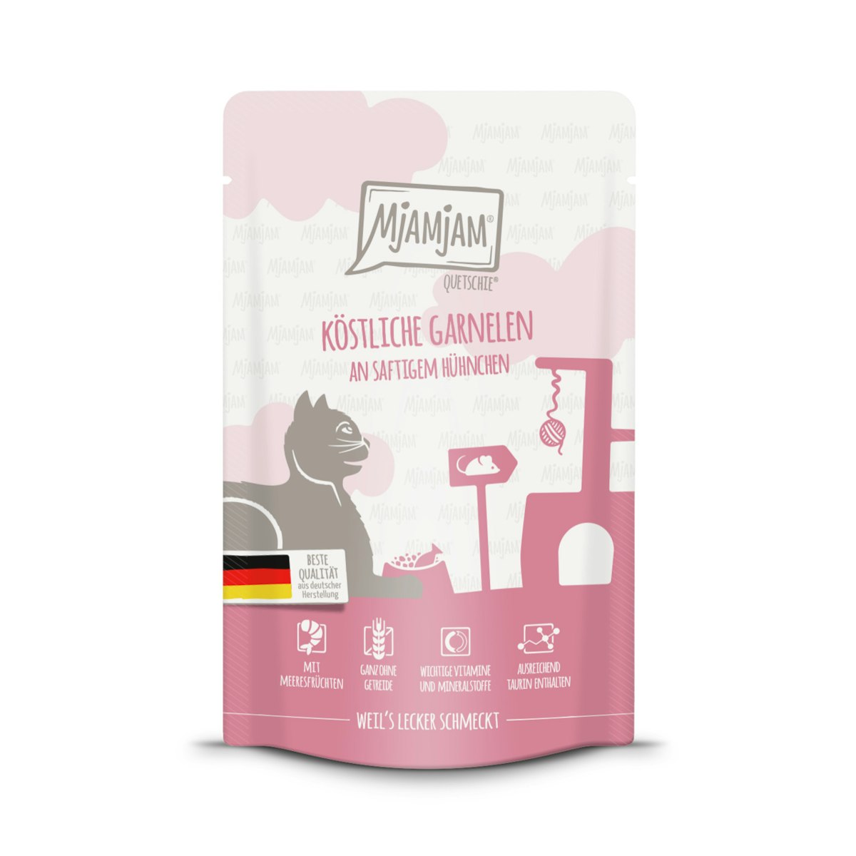 MJAMJAM Quetschies 125g Beutel Katzennassfutter Sparpaket 24 x 125 Gramm köstliche Garnelen an saftigem Hühnchen