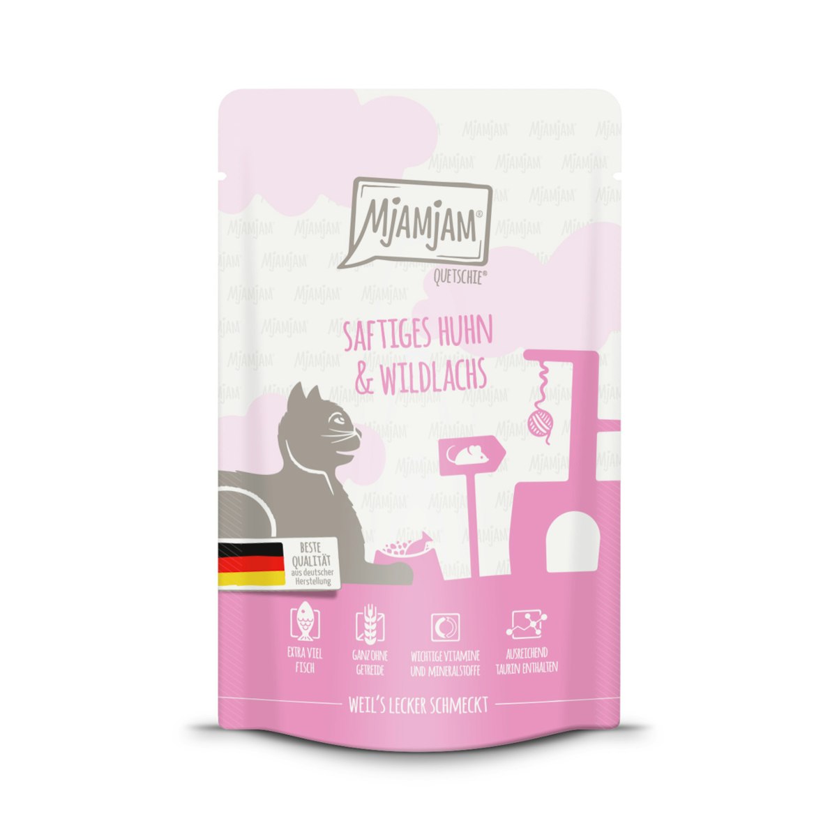 MJAMJAM Quetschies 125g Beutel Katzennassfutter Sparpaket 24 x 125 Gramm saftiges Huhn & Wildlachs