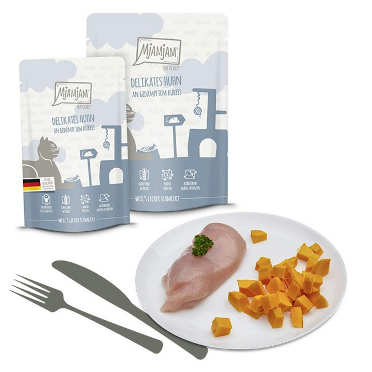 MjAMjAM Katze Sparpaket 12x300g  Quetschie Huhn mit Kürbis