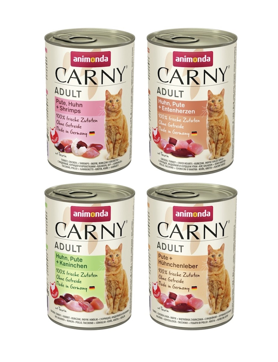 animonda Carny Adult 24 x 400g Mixpaket (Huhn&Shrimps,Huhn&Ente,Huhn&Kaninchen,Pute&Huhn) Katzennassfutter