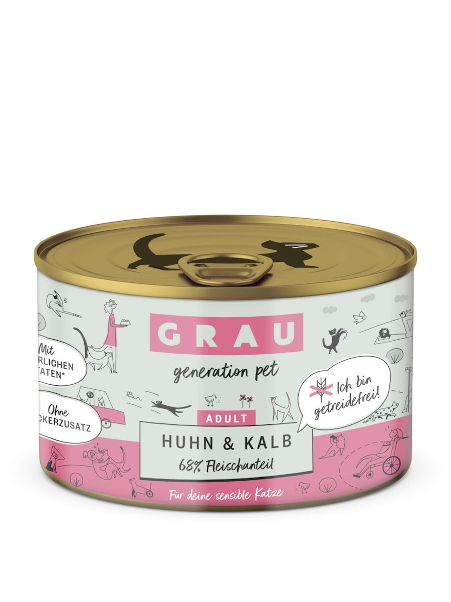 grau Katze 200 Gramm Katzennassfutter Sparpaket 12 x 200 Gramm Huhn & Kalb