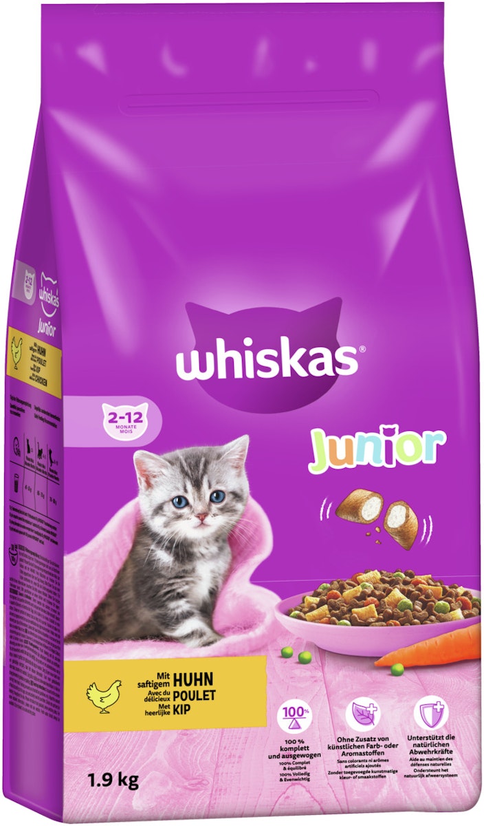 Whiskas Trocken Junior mit Huhn Katzentrockenfutter 2 x 1,9 Kilogramm