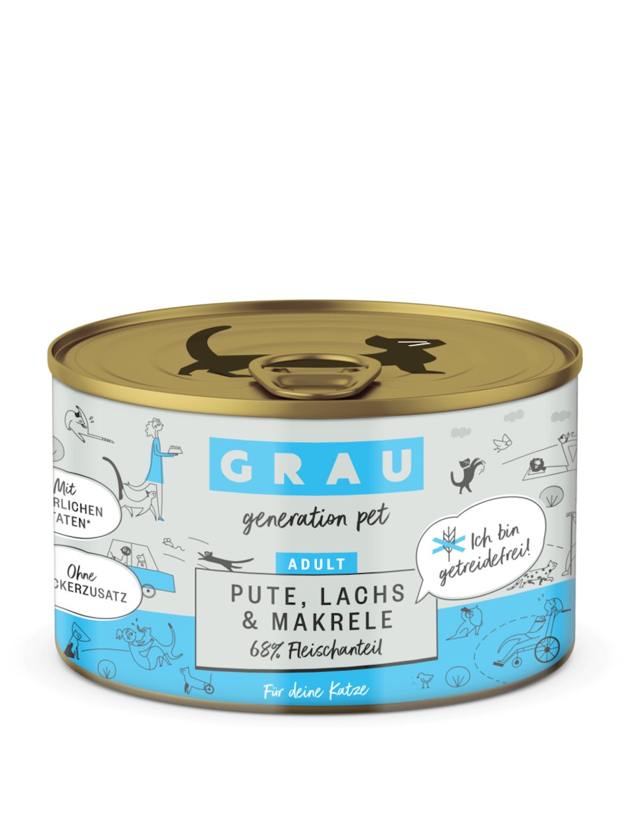 grau Katze 200 Gramm Katzennassfutter Sparpaket 12 x 200 Gramm Pute & Lachs & Makrele