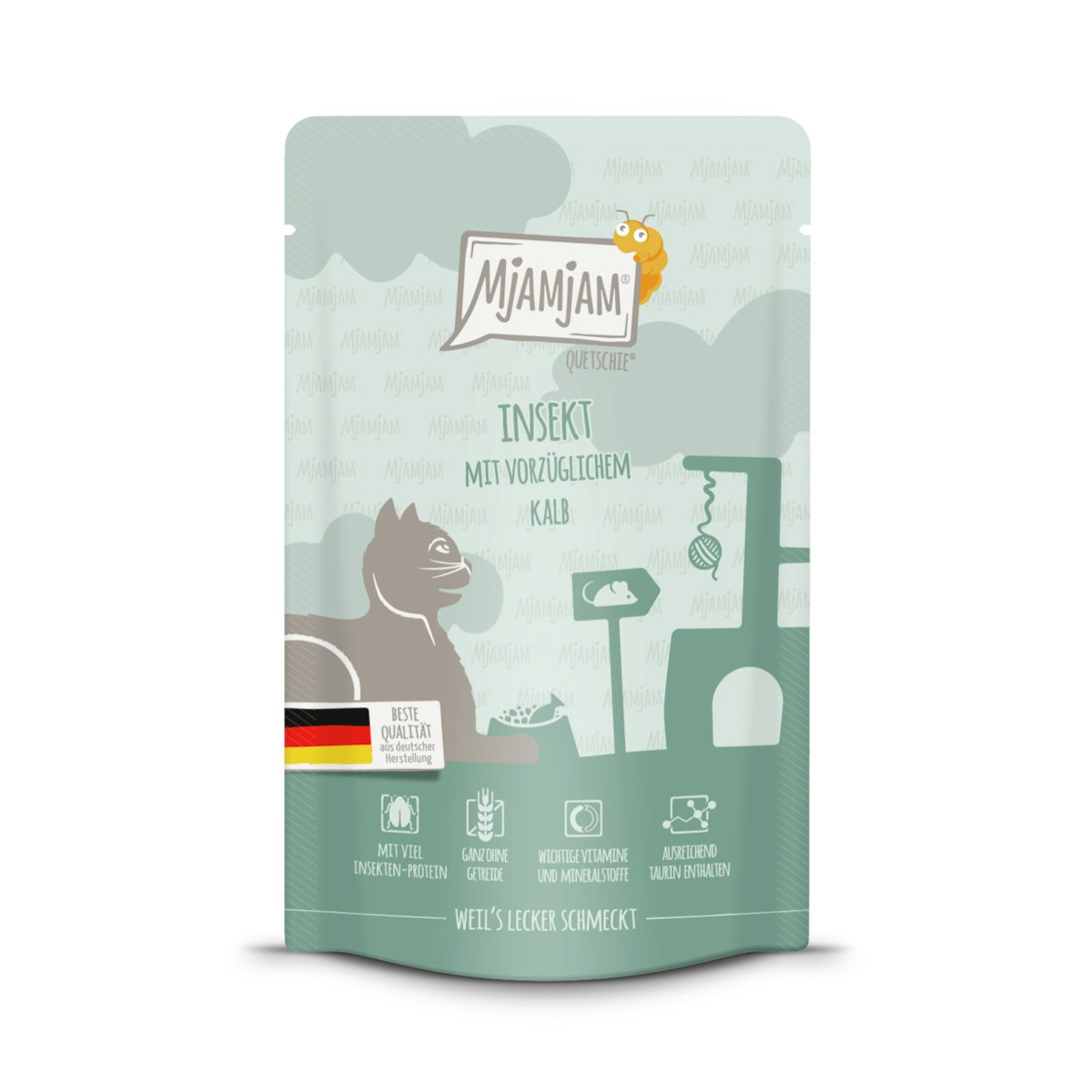 MJAMJAM Quetschies 125g Beutel Katzennassfutter 12 x 125 Gramm Insekt mit vorzüglichem Kalb