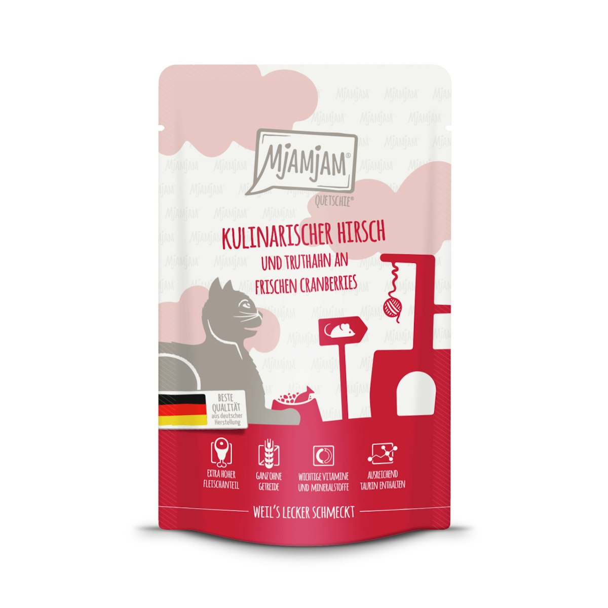 MJAMJAM Quetschies 125g Beutel Katzennassfutter 12 x 125 Gramm kulinarischer Hirsch und Truthahn an frischen Cranberries