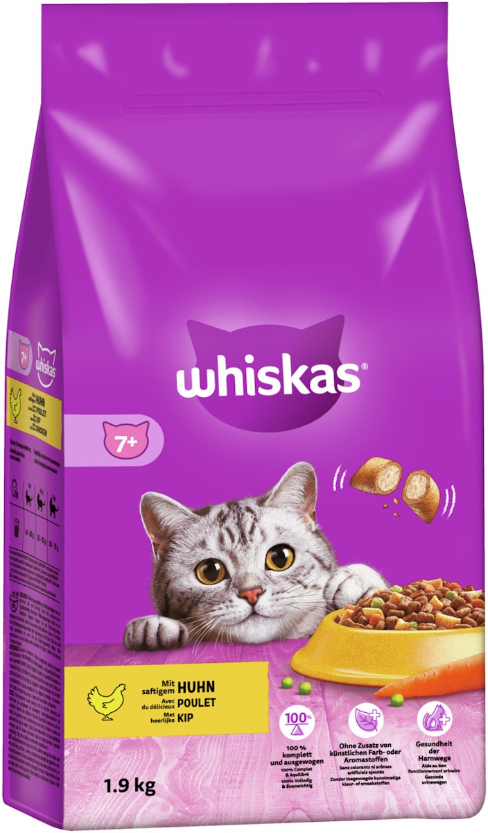 Whiskas Trocken 7+ mit Huhn Katzentrockenfutter 2 x 1,9 Kilogramm