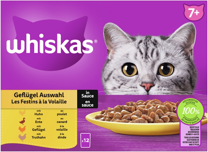 Whiskas 7+ Geflügel Auswahl in Sauce 12 x 85 Gramm Multipack Katzennassfutter