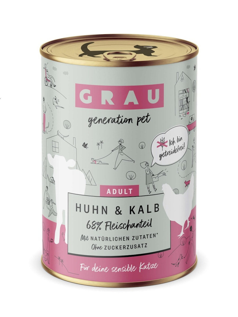 grau Katze 400 Gramm Katzennassfutter Sparpaket 12 x 400 Gramm Huhn & Kalb