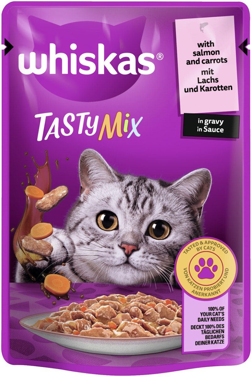 Whiskas  TastyMix in Sauce 85 Gramm Katzennassfutter 28 x 85 Gramm Lachs mit Karotte