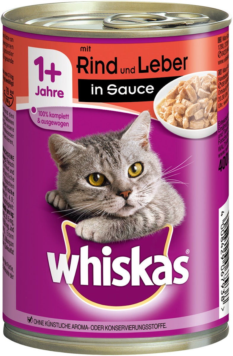 Whiskas 1+ Terrine in Sauce 400 Gramm Katzennassfutter 12 x 400 Gramm Rind und Leber