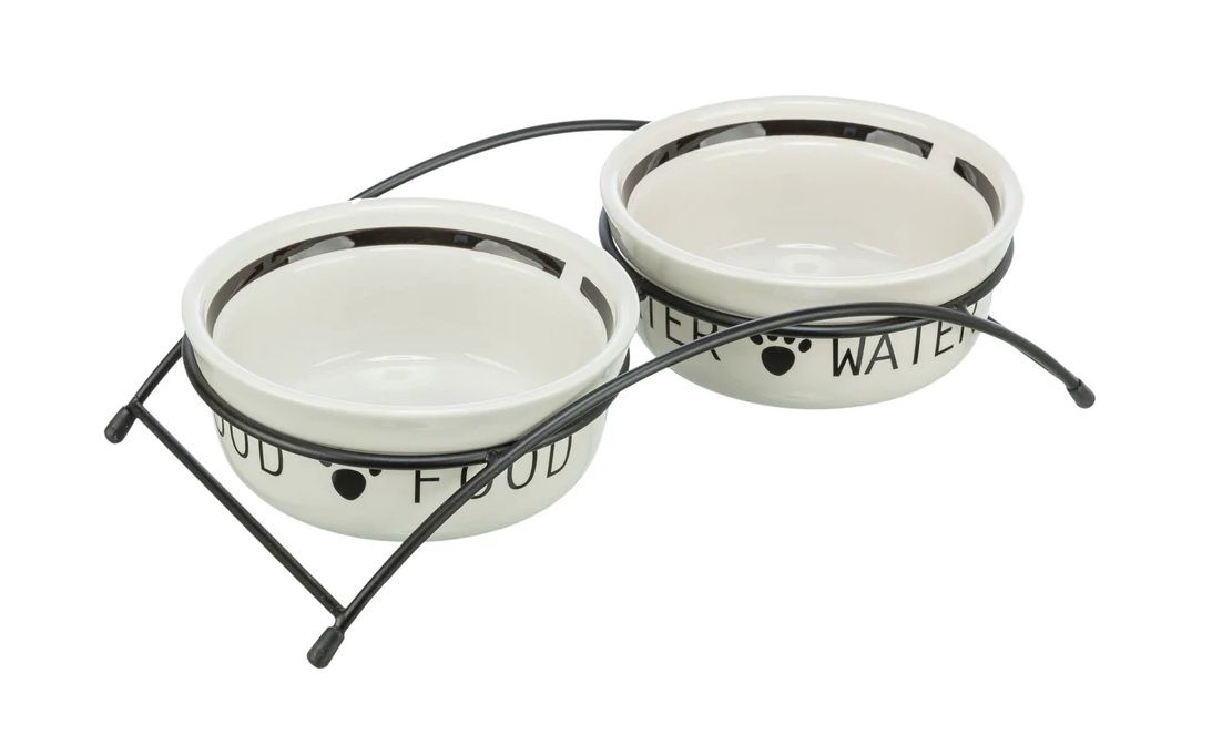 TRIXIE Napf-Set, Keramik/Metall, 2 × 2,6 l/ø 25 cm/54 × 12 × 24 cm, weiß/schwarz