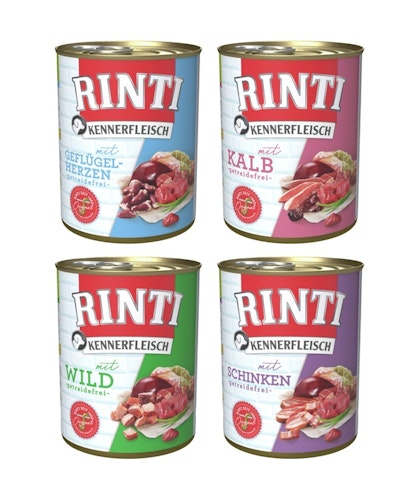 RINTI Kennerfleisch Dose 24 x 800g Mixpaket (Kalb,Geflügelherzen,Wild,Schinken) Hundenassfutter