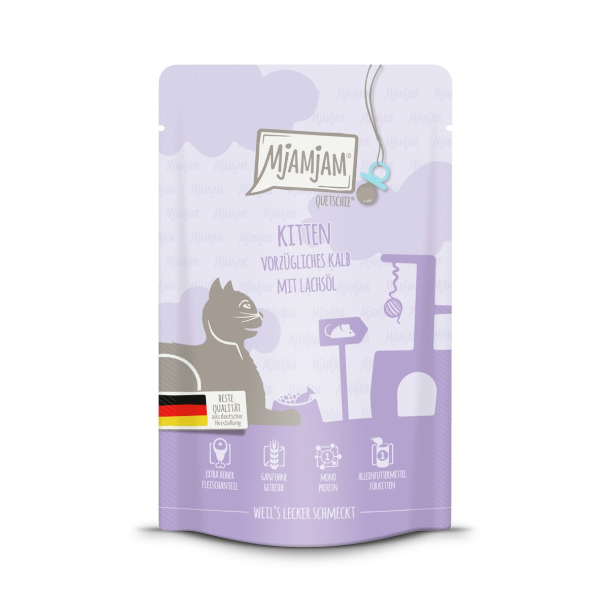 MJAMJAM Quetschies Kitten 125g Beutel Katzennassfutter 12 x 125 Gramm vorzügliches Kalb mit Lachsöl