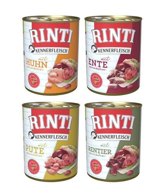 RINTI Kennerfleisch Dose 24 x 800g Mixpaket (Ente,Pute,Rentier,Huhn)  Hundenassfutter