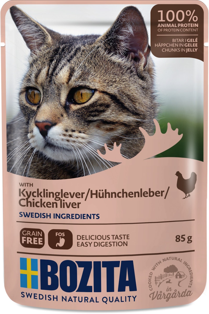 Bozita Häppchen in Gelee 85 Gramm Katzennassfutter Sparpaket 24 x 85 Gramm mit Hühnchenleber