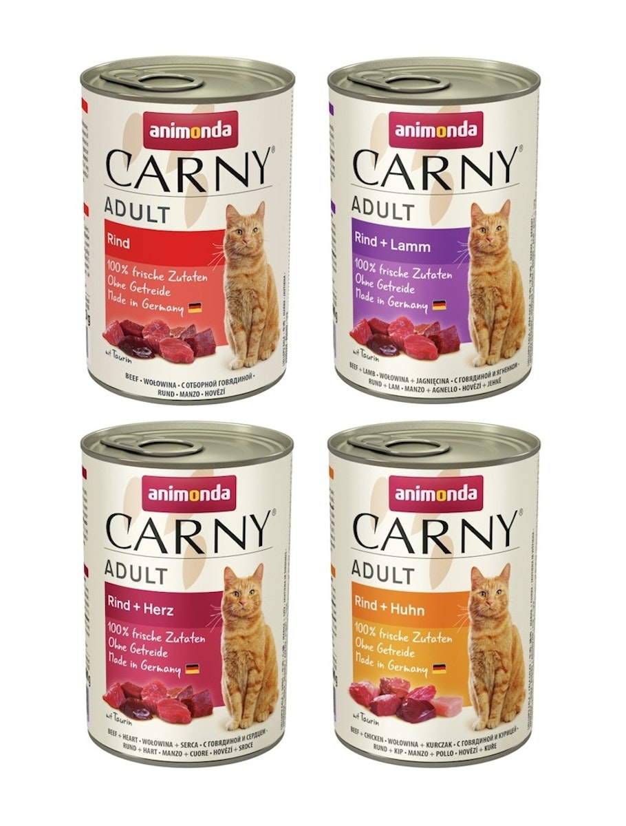 animonda Carny Adult 24 x 400g Mixpaket (Rind&Lamm, Rind&Huhn,Rind,Rind&Herz) Katzennassfutter