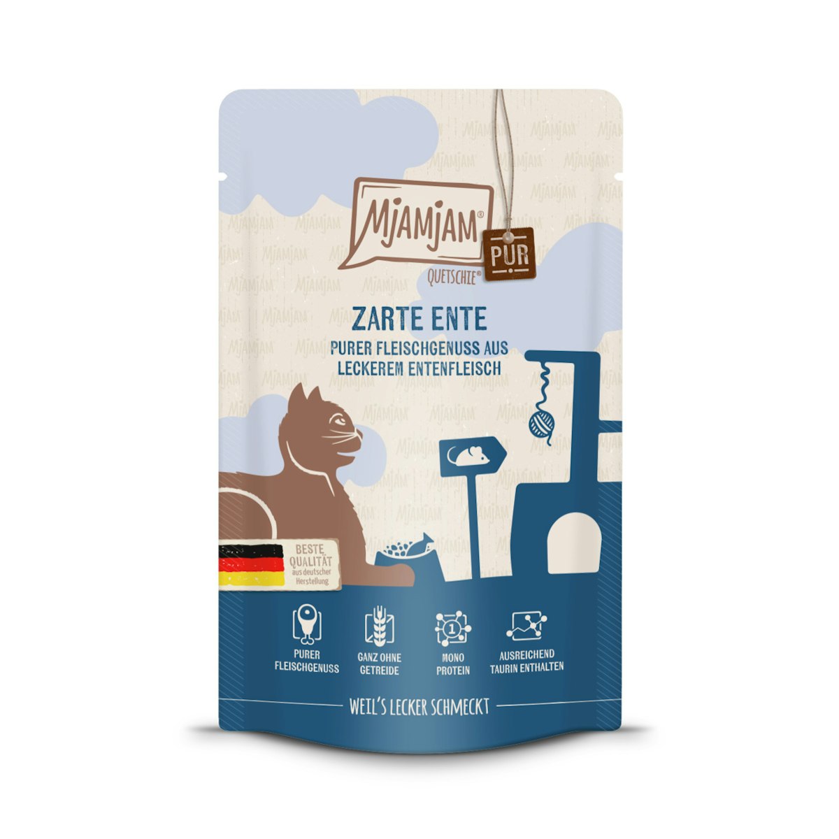 MJAMJAM Quetschies PUR 125g Beutel Katzennassfutter 12 x 125 Gramm zarte Ente pur