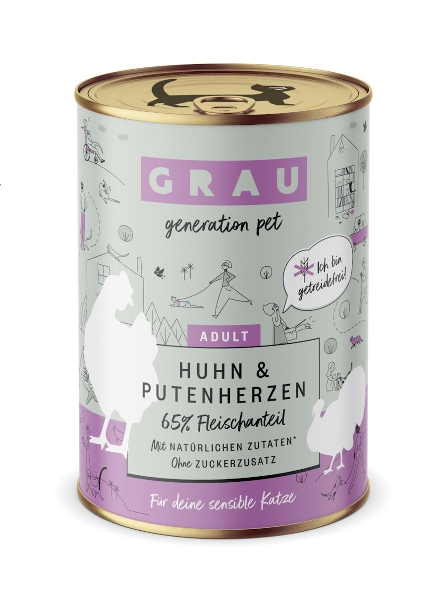 grau Katze 400 Gramm Katzennassfutter Sparpaket 12 x 400 Gramm Huhn & Putenherzen