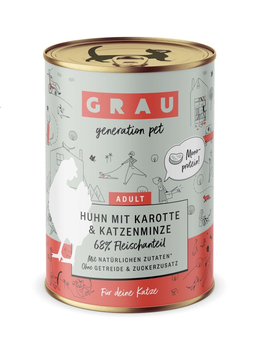 grau Katze 400 Gramm Katzennassfutter Sparpaket 12 x 400 Gramm Huhn & Karotte & Katzenminze