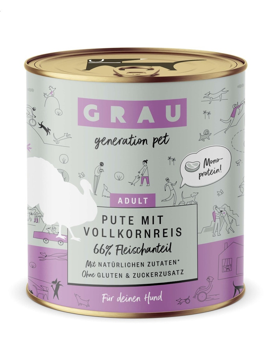 grau Hund 800 Gramm Hundenassfutter 6 x 800 Gramm Pute mit Vollkornreis grau Hund 800 Gramm Hundenassfutter 6 x 800 Gramm Pute mit Vollkornreis