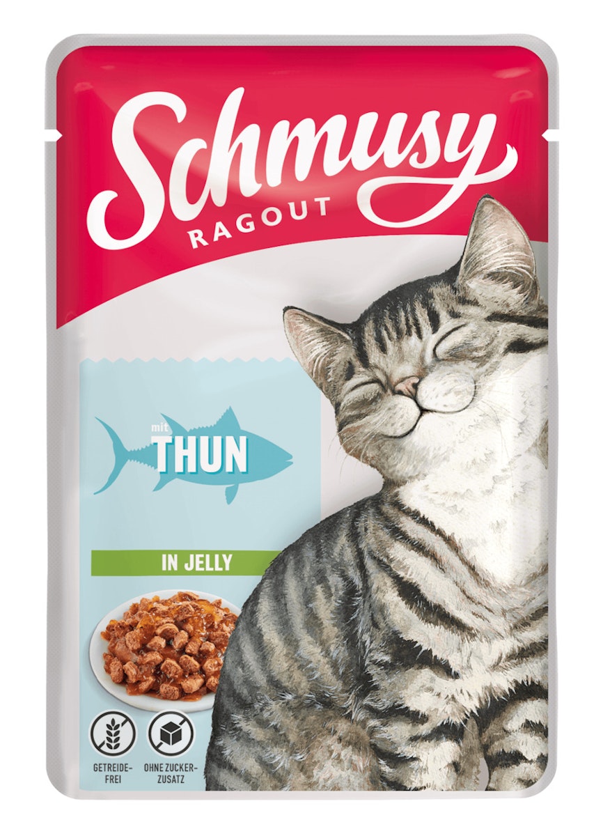 SCHMUSY Ragout Pouch in Jelly 100g Frischebeutel Katzennassfutter Sparpaket 44 x 100 Gramm Thunfisch