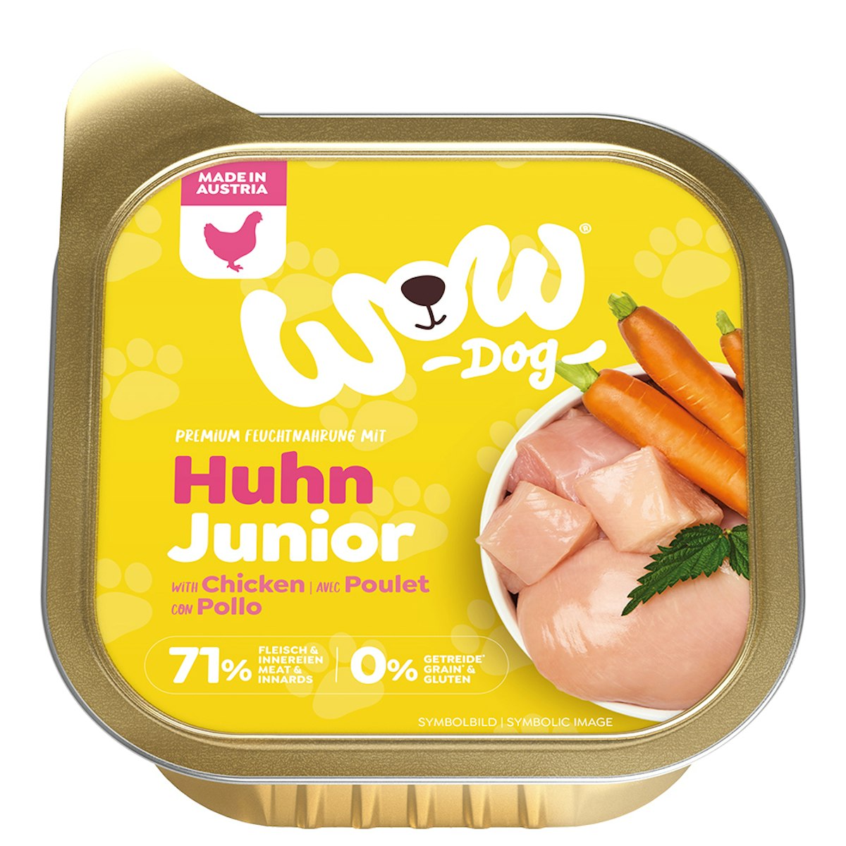 WOW Junior 150g Hundenassfutter Sparpaket 22 x 150 Gramm Huhn mit Karotten