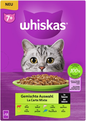 WHISKAS 7+ Gemischte Auswahl in Sauce 12 x 85 Gramm Multipack Katzennassfutter