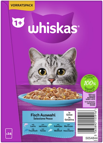 WHISKAS 1+ Fisch Auswahl in Gelee 24 x 85 Gramm Multipack Katzennassfutter