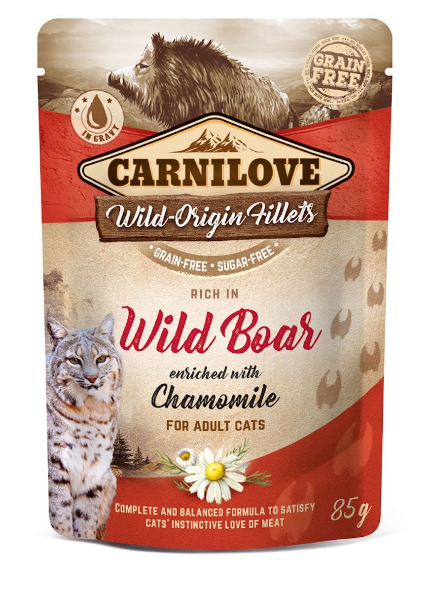 CARNILOVE 85 Gramm Katzennassfutter Sparpaket 48 x 85 Gramm Wild Boar enriched & Chamomile