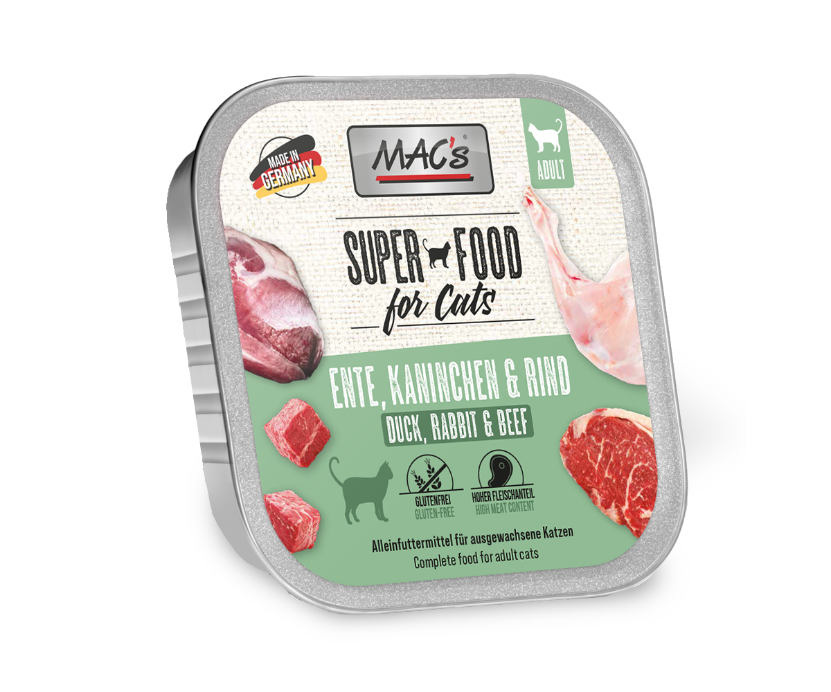MAC’s Cat 85g Schale Katzennassfutter Sparpaket 32 x 85 Gramm Ente, Kaninchen & Rind