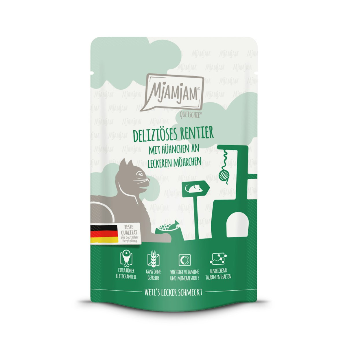 MJAMJAM Quetschies 125g Beutel Katzennassfutter 12 x 125 Gramm deliziöses Rentier mit Hühnchen an leckeren Möhrchen