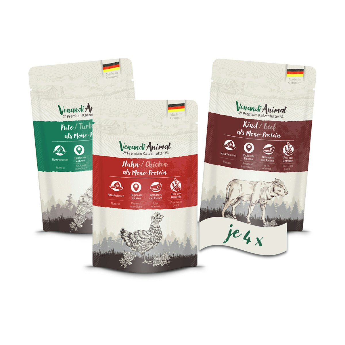 Venandi Animal 12x125g Mix-Paket Katzennassfutter Huhn/Pute/Rind